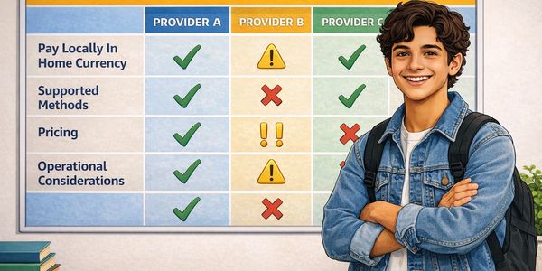 A young man stands confidently beside a comparison chart of three providers with checkmarks and warnings.