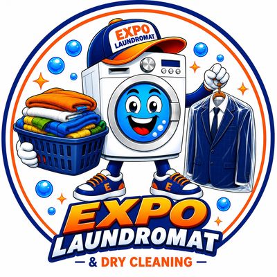 Mascot washing machine holding clothes basket and suit, EXPO Laundromat logo.