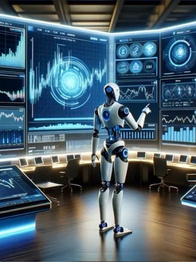 A robot analyzes data on multiple futuristic digital screens in a control room.