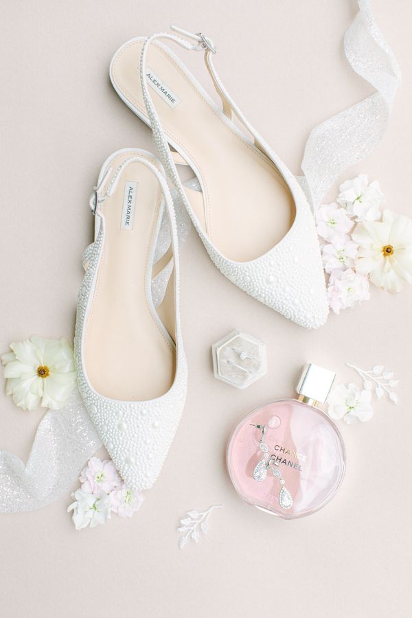 details photos, wedding shoes, wedding perfume, bright photography, pinks and whites