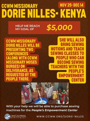 Fundraiser for CCWM missionary Dorie Nilles in Kenya to raise $5,000 for sewing machines and conferences.