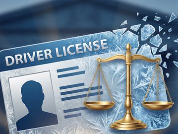 Shattered driver's license with a golden justice scale symbol.