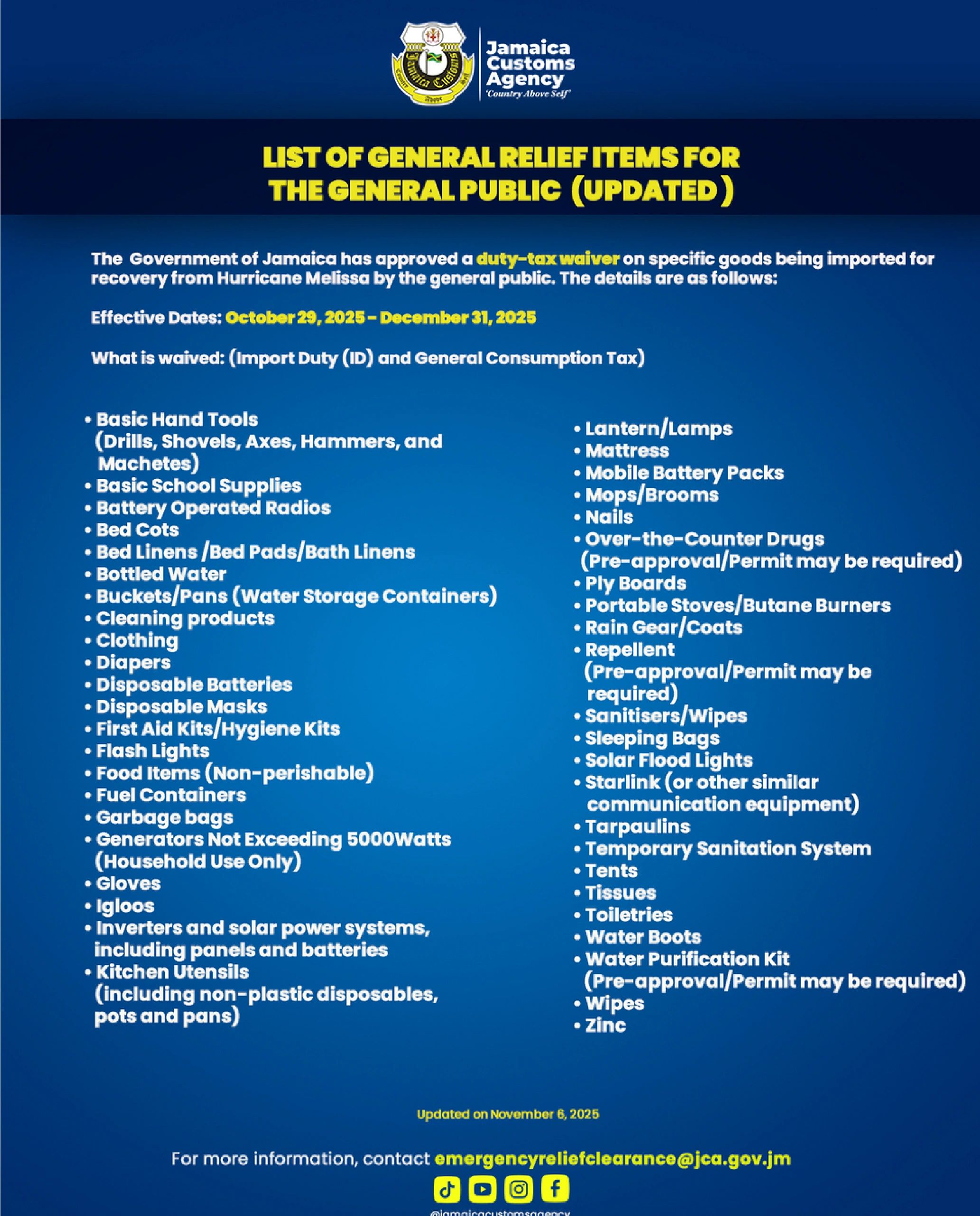 See separate list for items encouraged to be shipped vs items encouraged to be purchased in Jamaica.