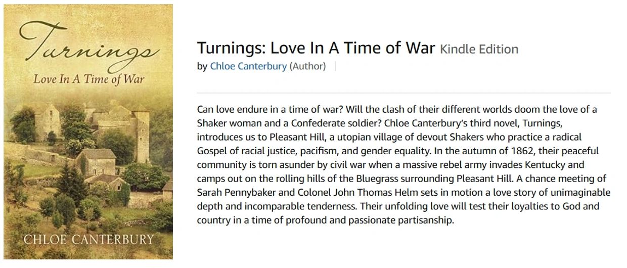 Book cover and summary of "Turnings: Love In A Time of War" by Chloe Canterbury.