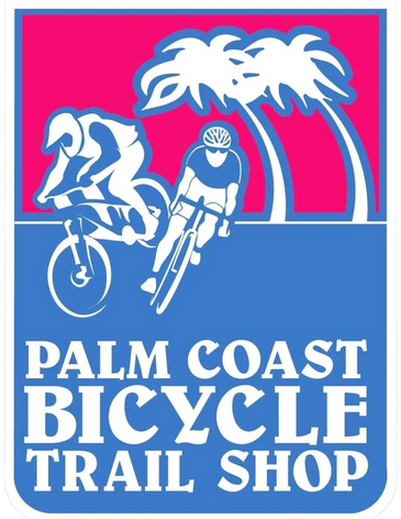 Logo of Palm Coast Bicycle Trail Shop with cyclists and palm trees.