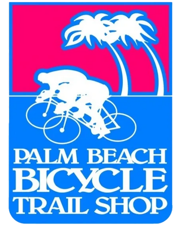 Logo of Palm Beach Bicycle Trail Shop with cyclists and palm trees.