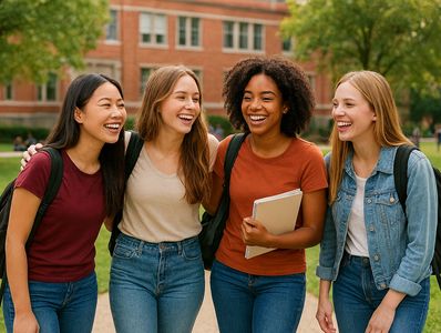 Four female students laughing and walking on a college campus pathway.
