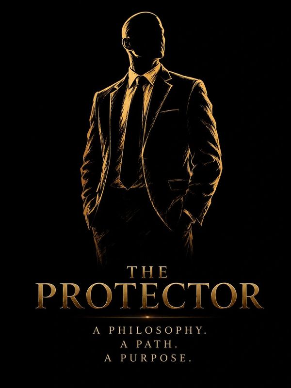 Silhouette of a man in a suit titled 'The Protector'.