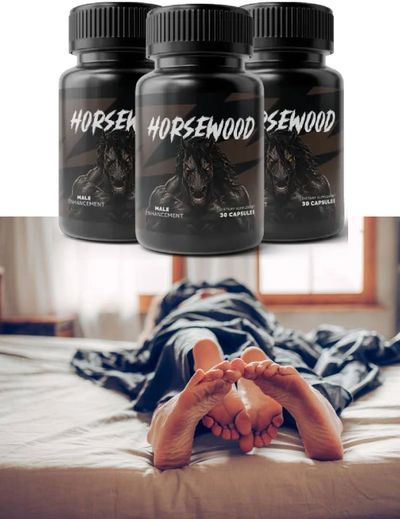 Three bottles of Horsewood male enhancement capsules above a couple lying in bed.