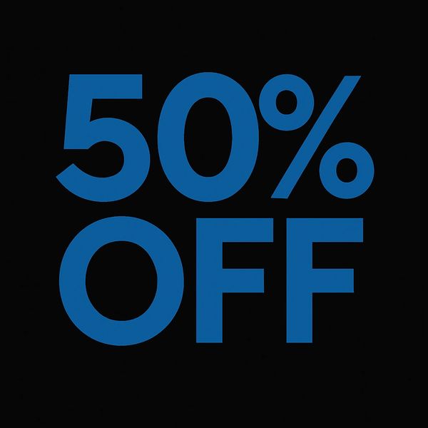 Blue text on black background displaying 50% OFF discount.