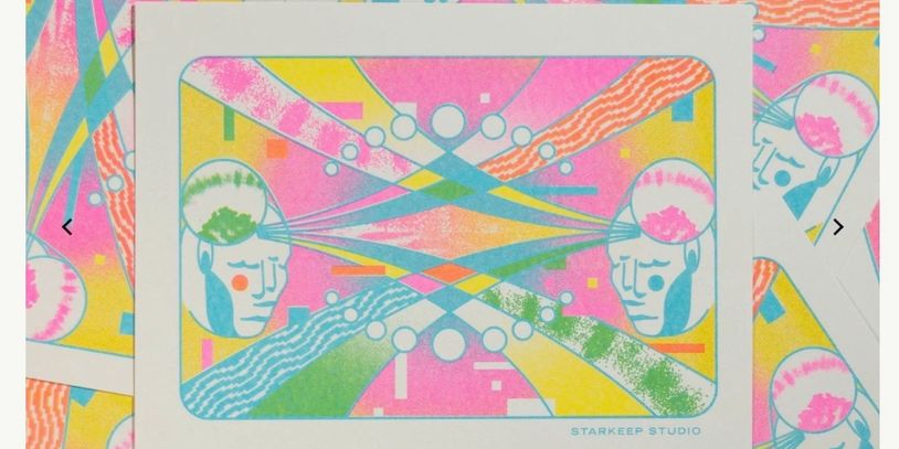 Colorful abstract art featuring two mirrored faces with intersecting beams and geometric shapes.