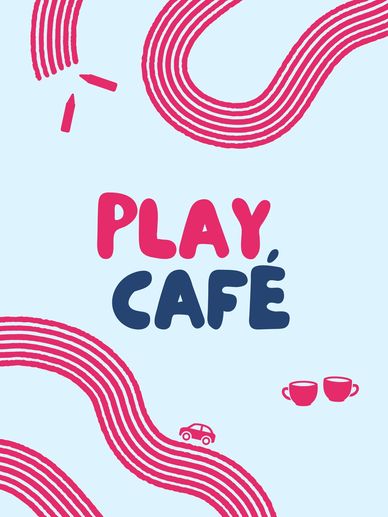 play café graphic, pink and navy text on pale blue background