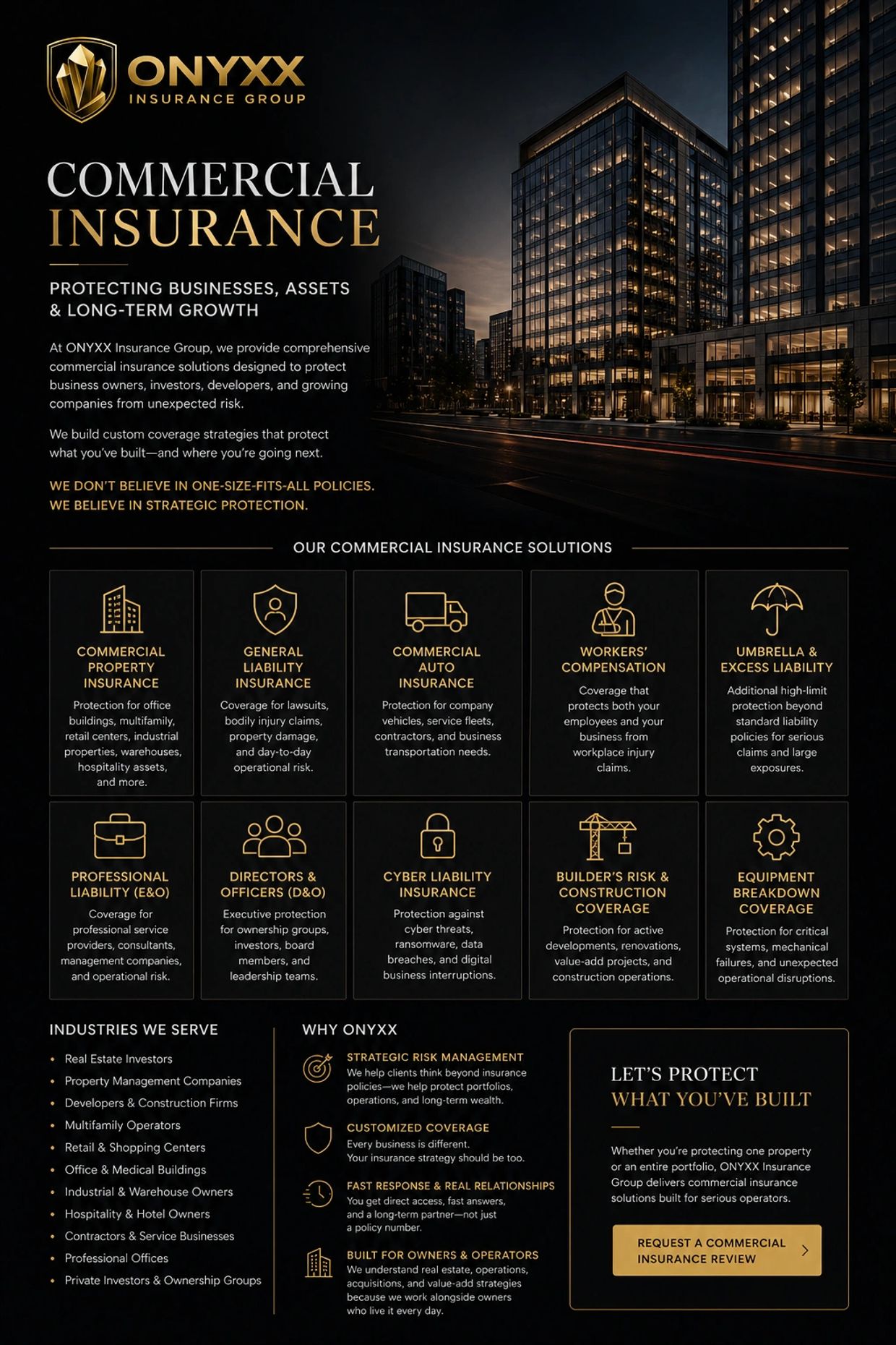 ONYXX Insurance Group offers comprehensive commercial insurance to protect businesses and assets.