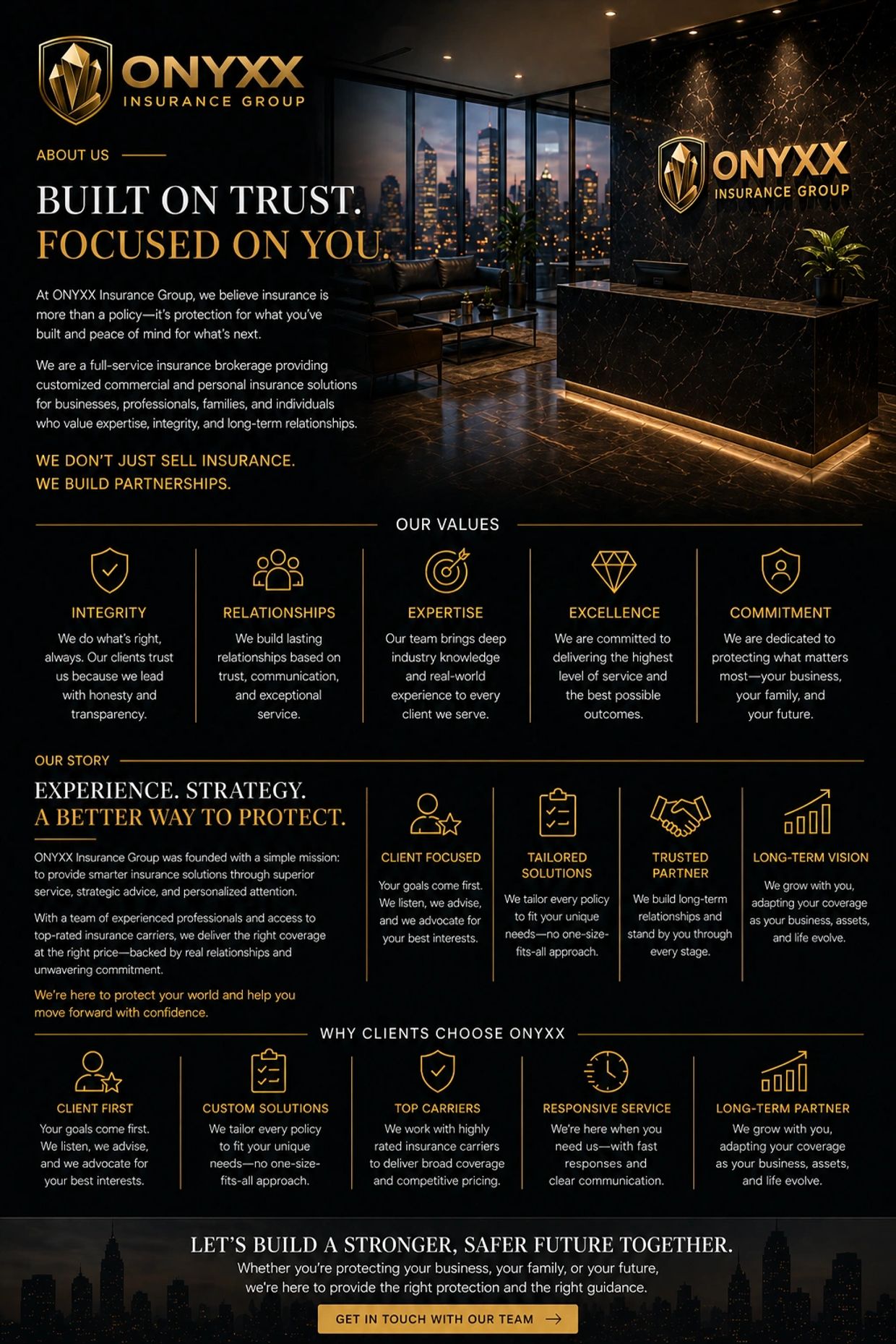 Onyxx Insurance Group promotes trust, expertise, and personalized insurance solutions for clients.