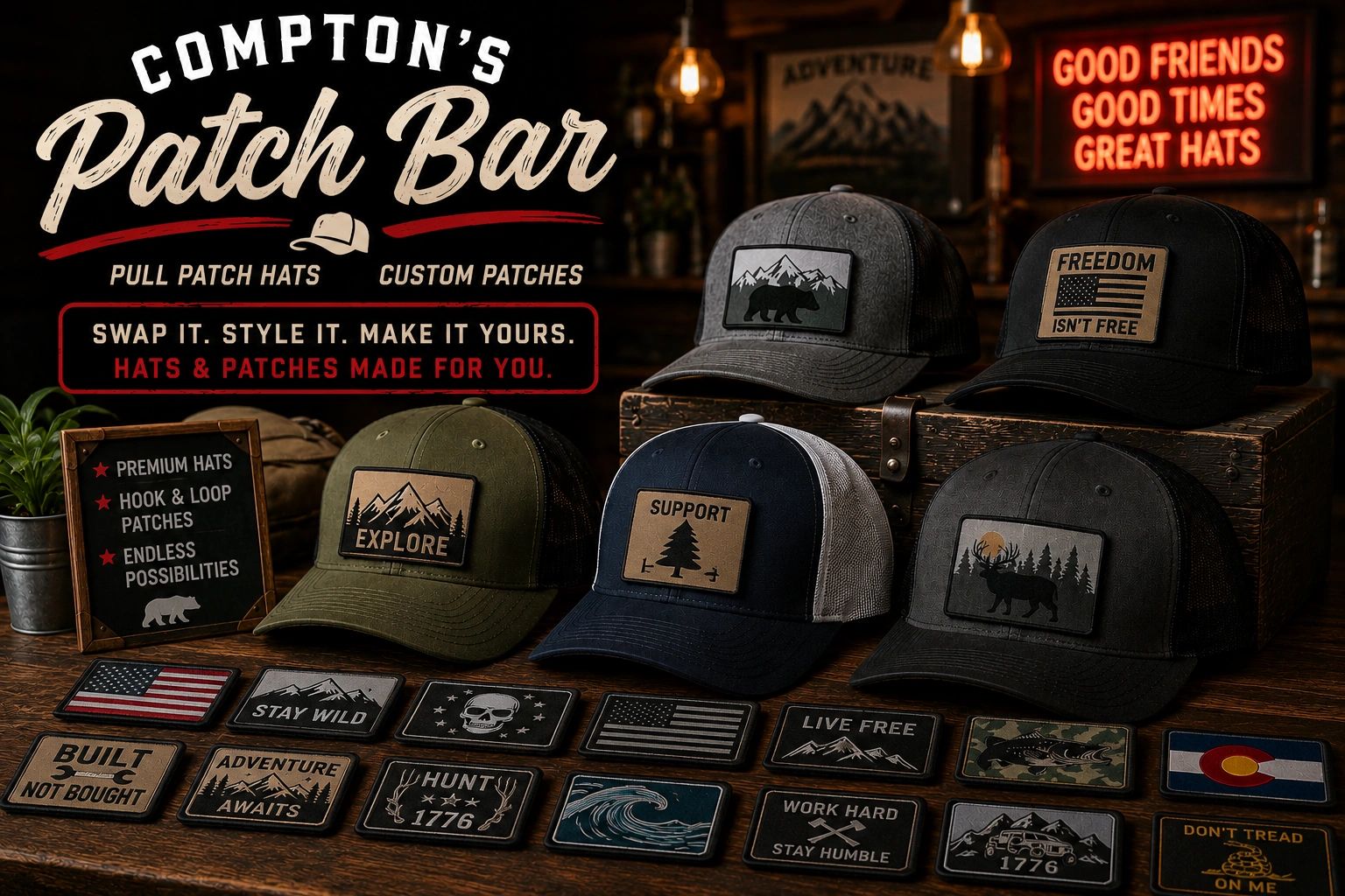 Display of custom patch hats at Compton's Patch Bar with motivational messages and style options.