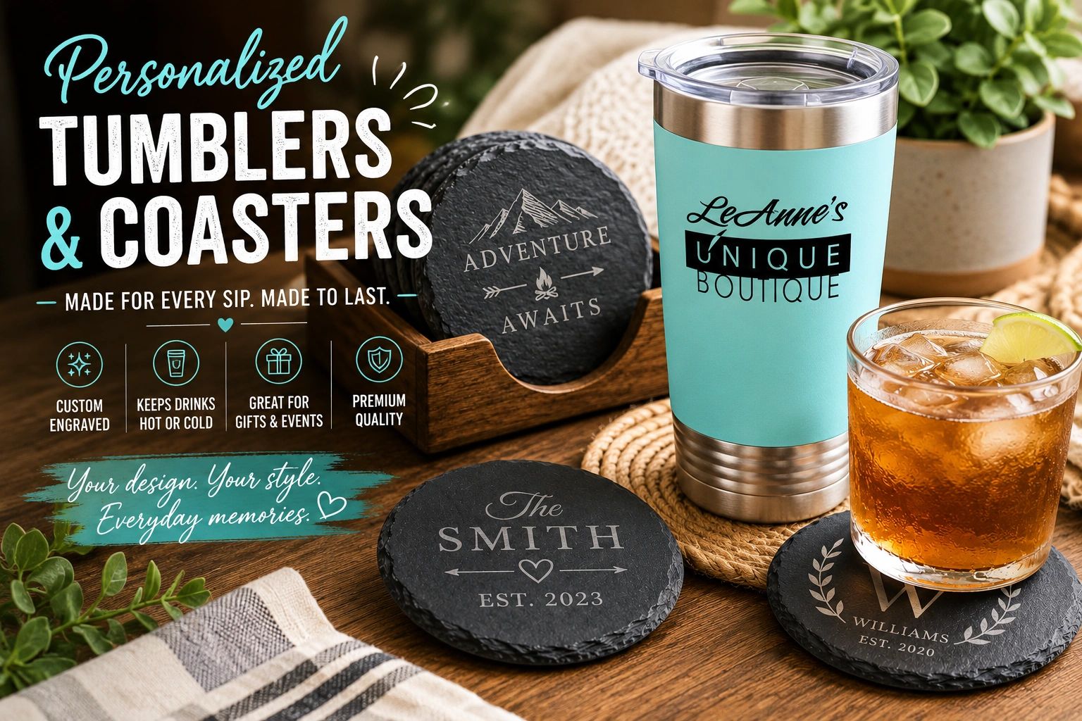 Personalized stainless tumbler with custom engraved slate coasters in a rustic tabletop display.