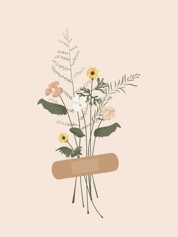 Delicate wildflowers held together by a large adhesive bandage on a soft pink background.