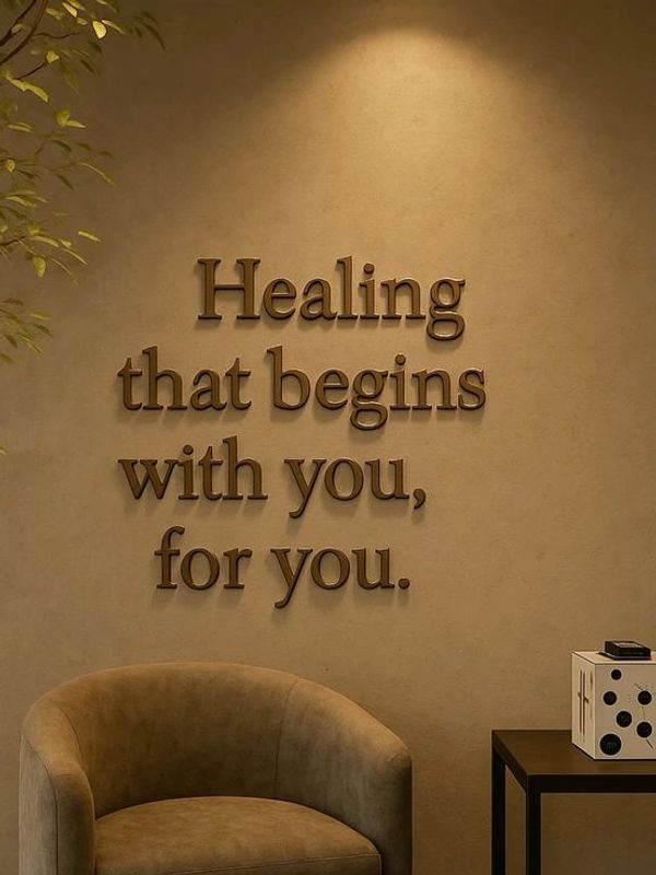 Inspirational healing quote on a cozy wall with a chair.