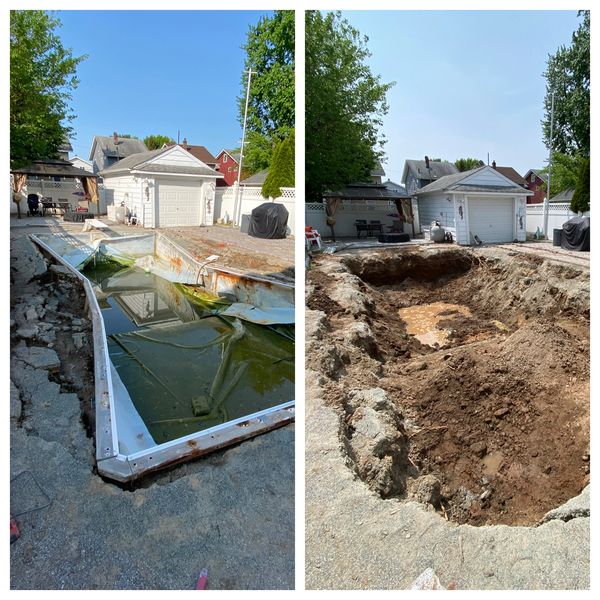 Inground pool demolition removal. Jacuzzi hot tub hot-tub demo. Above ground swimming pool demolish.
