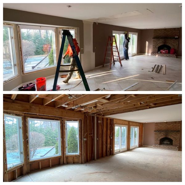 Before and after demolition of living space. Floor removed, drywall removed and disposed.