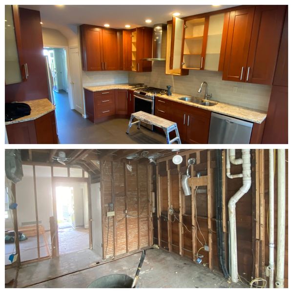 Before after full kitchen gut job. Demolition of backsplash, floor, cabinets, appliances removed. 