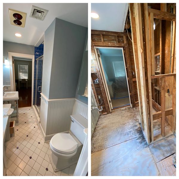 Selective demolition job in bathroom left ceiling intact. Demo everything but ceiling portion.
