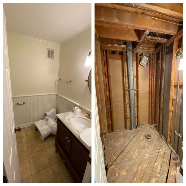 Before and after bathroom gut job. Walls and tile flooring demolished and removed from job site. 