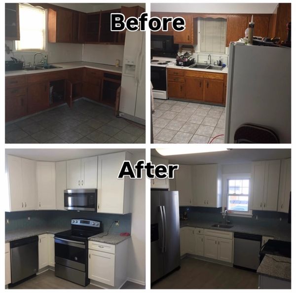 Before after kitchen renovation new tile flooring backsplash install countertops new appliances.