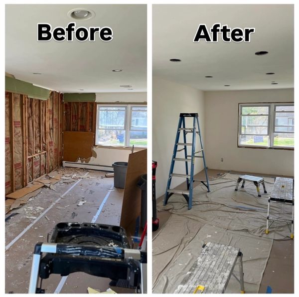 Before and after baseboard heat relocation drywall installation new light fixtures.