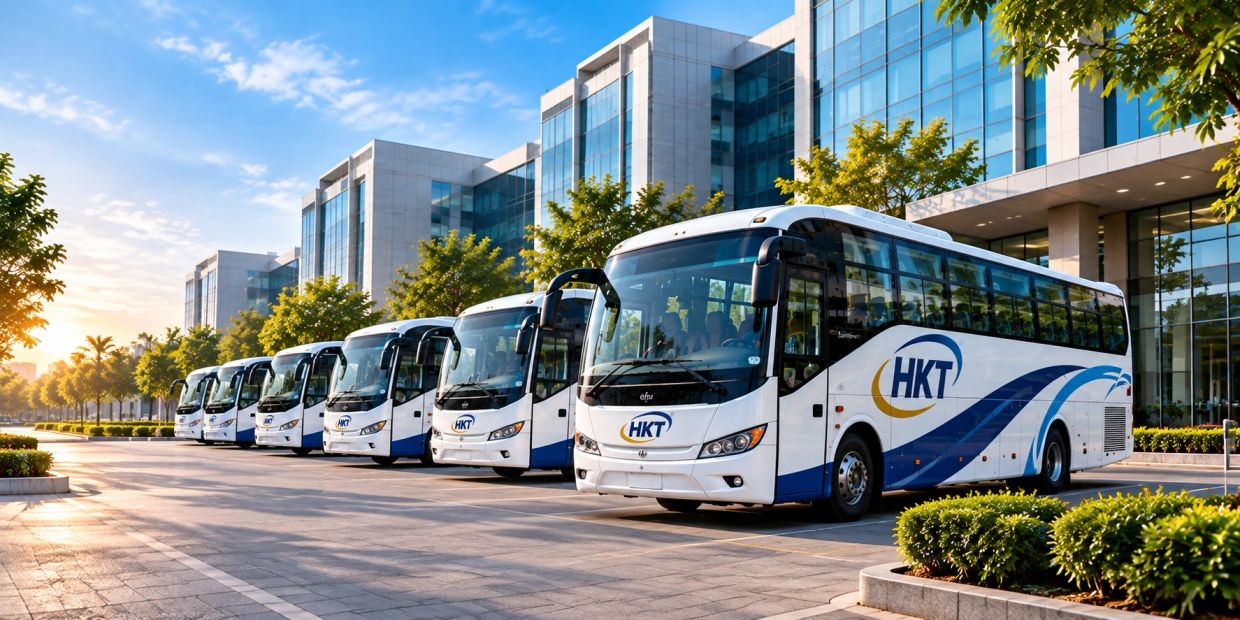 A row of white and blue HKT buses parked outside modern buildings.