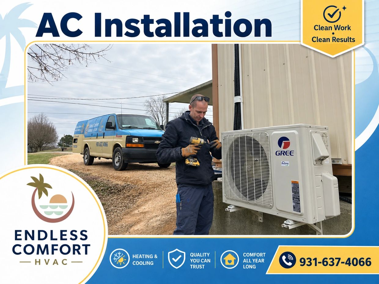 Endless Comfort HVAC technician stands beside a Gree mini-split unit, with a service van in the back