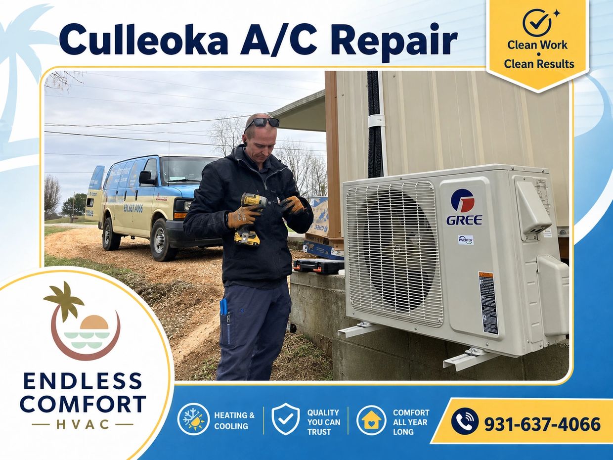 Endless Comfort HVAC technician stands beside a Gree mini-split unit, with a service van in the back