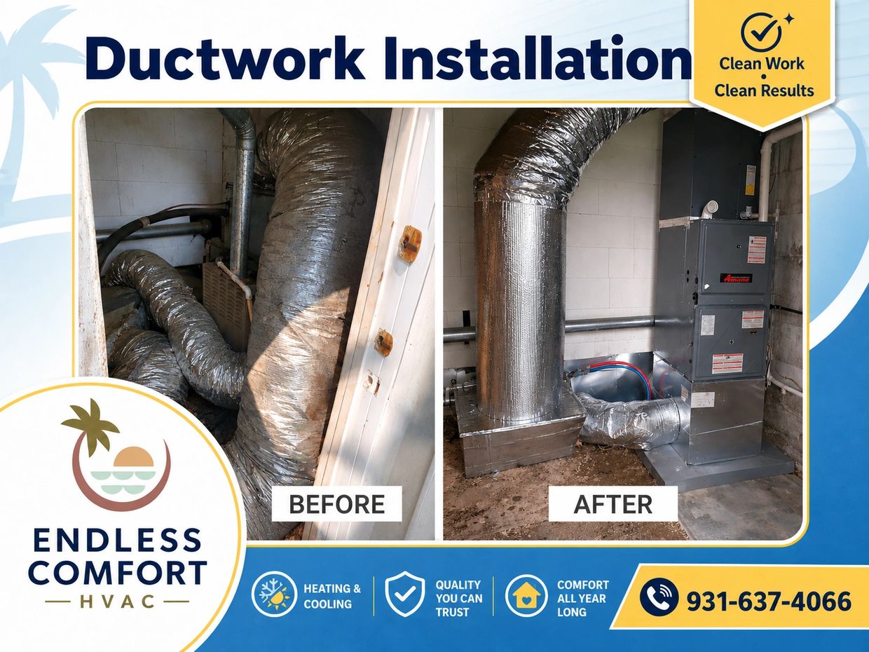 A before and after of a furnace and ductwork reinstallation in a mechanical room. 
