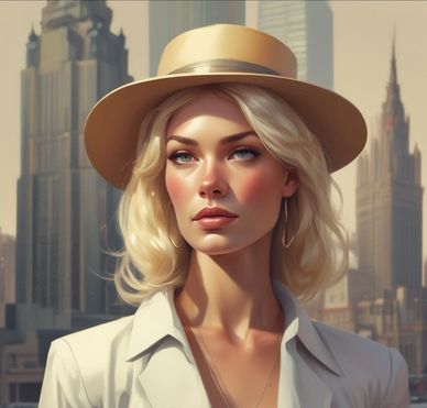 Elegant blonde woman wearing a hat in a cityscape.