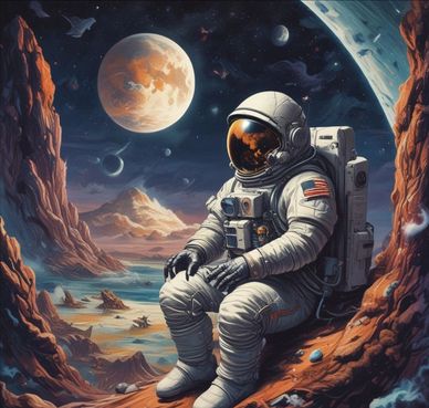 Astronaut sitting on a rocky surface with planets in the background.
