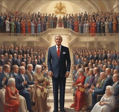A distinguished man in a suit stands before a large, attentive crowd in a grand hall.