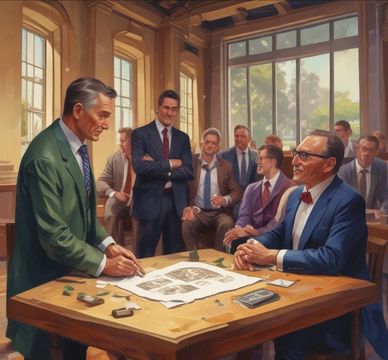 Men in suits discussing architectural plans in a classic office setting.