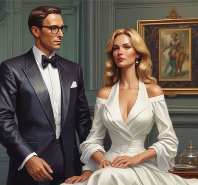 Elegant couple dressed in formal attire posing indoors.