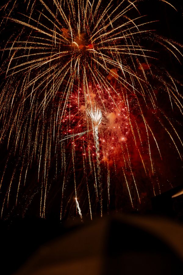 Bright fireworks explode in the night sky.