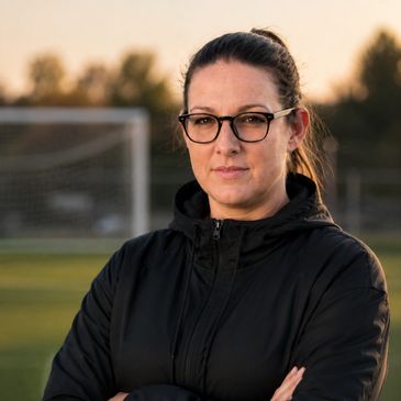 Woman coach standing confidently on a soccer field at sunset.