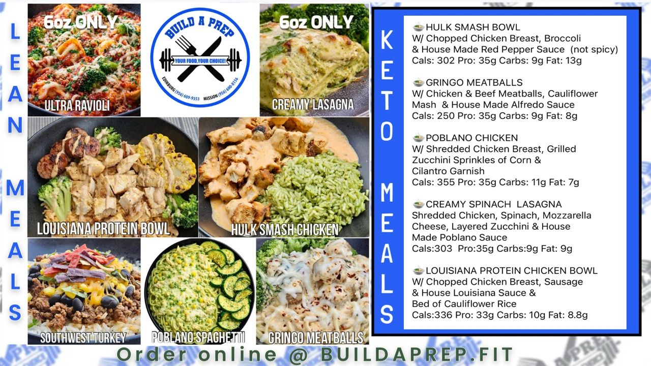 Meal prep options featuring lean meals and keto meals with nutritional info.
