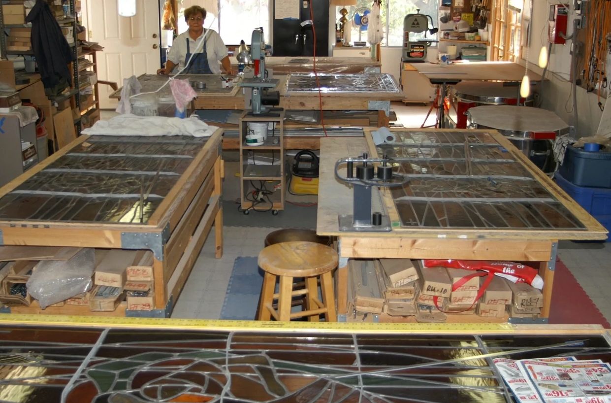 Stained glass restoration, repair and custom design workshop in San Diego County. Sr. Marie.