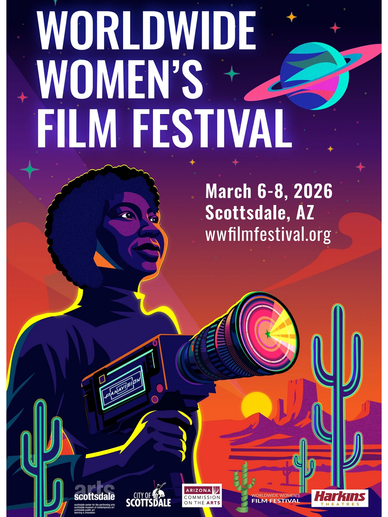 Brightly colored poster featuring woman holding camera and cactus.