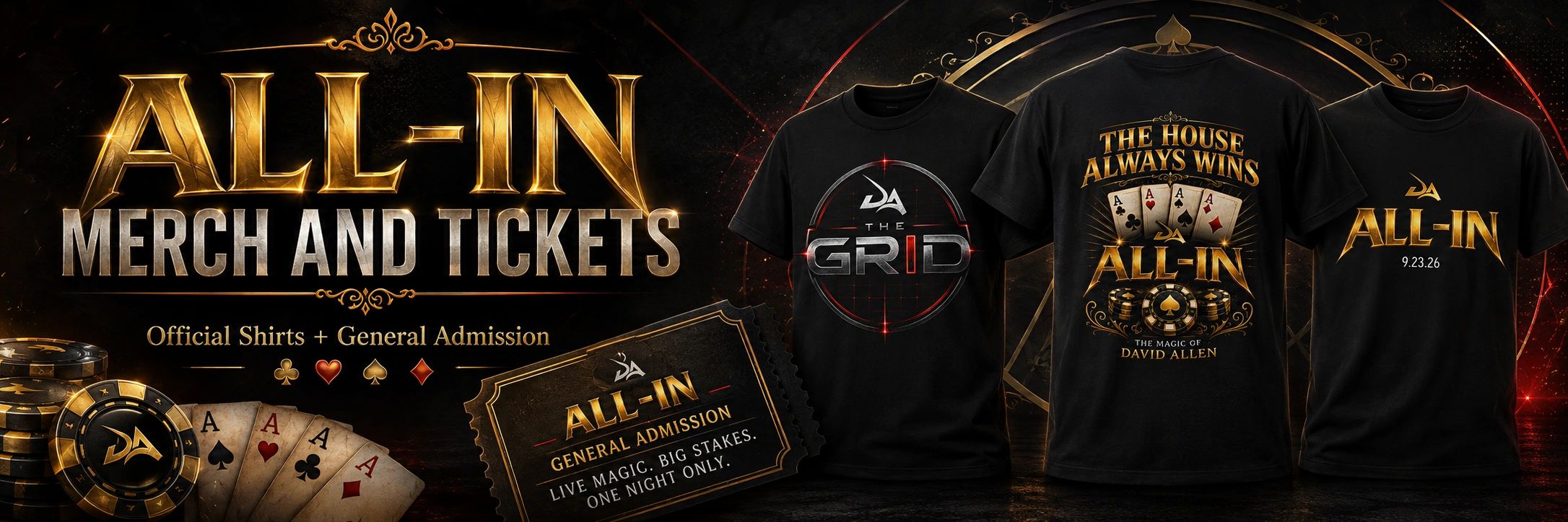 Promotional image for 'All-In' merch and tickets featuring black t-shirts with card and poker chip designs.