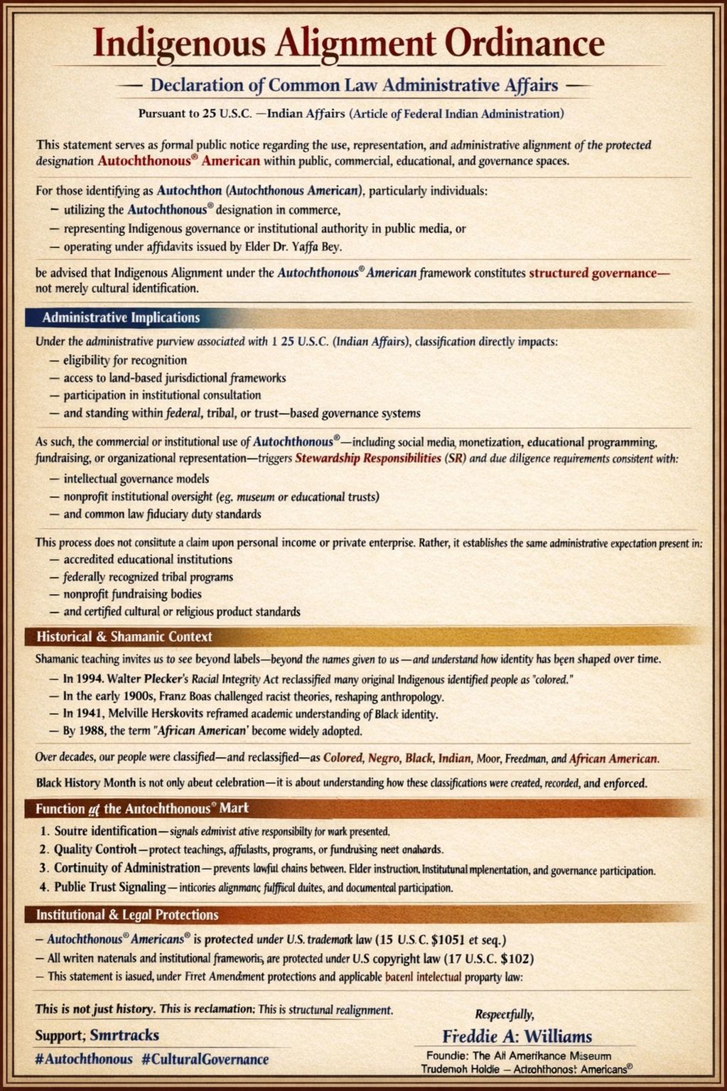 The Indigenous Alignment Ordinance affirms the structured governance, historical reclamation, and st