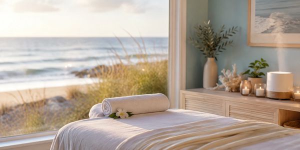 Spa massage table with ocean view and serene decor.