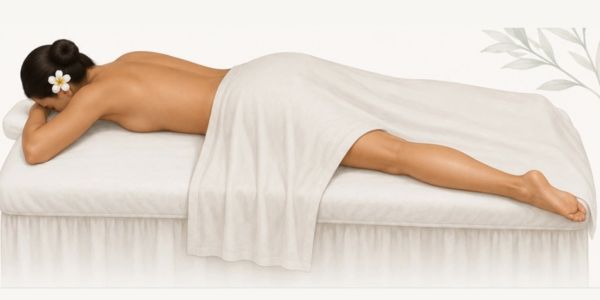 Woman lying face down on a massage table with a towel.