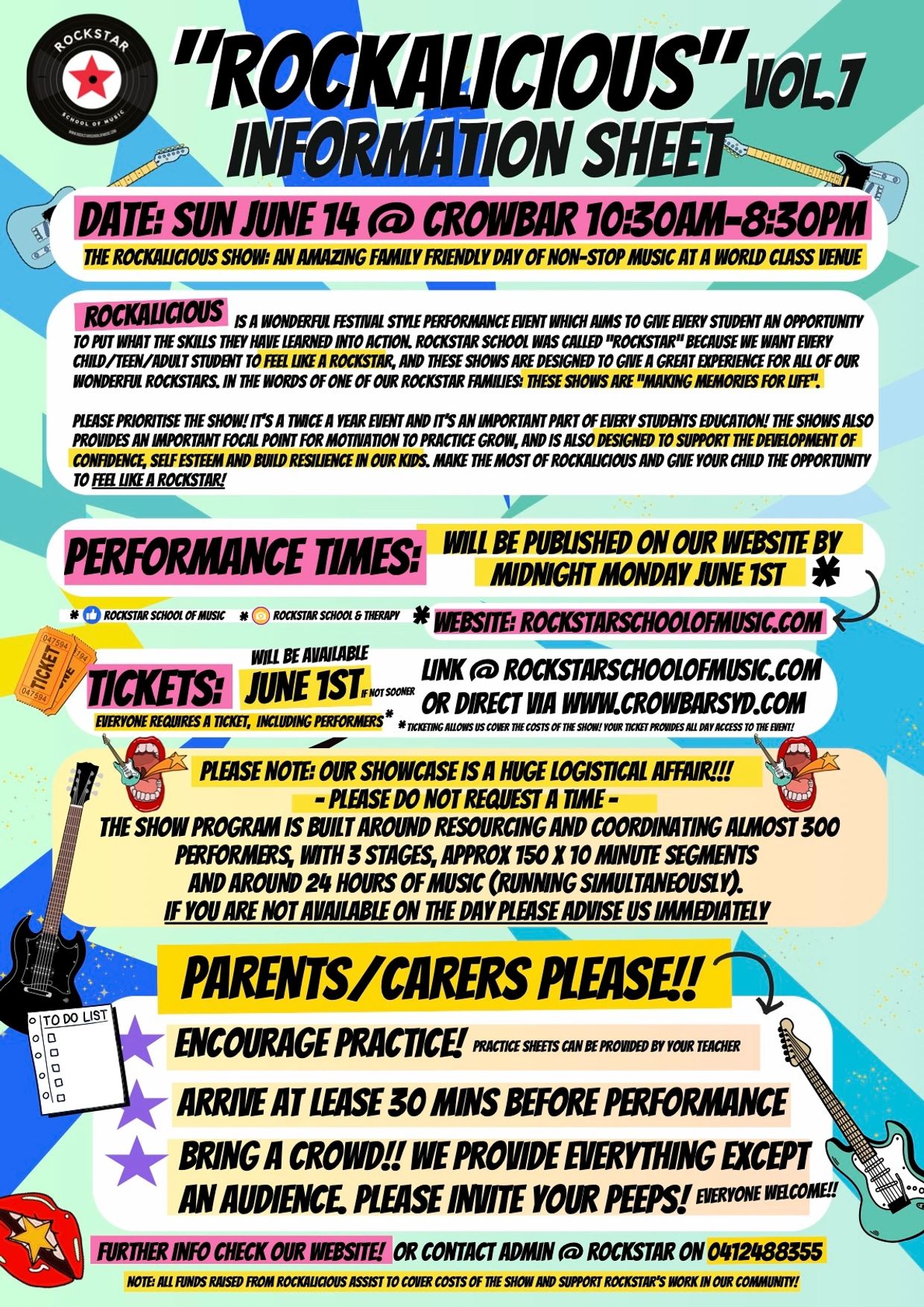 Information sheet for the Rockalicious music festival on June 14, featuring family-friendly performances and ticket details.