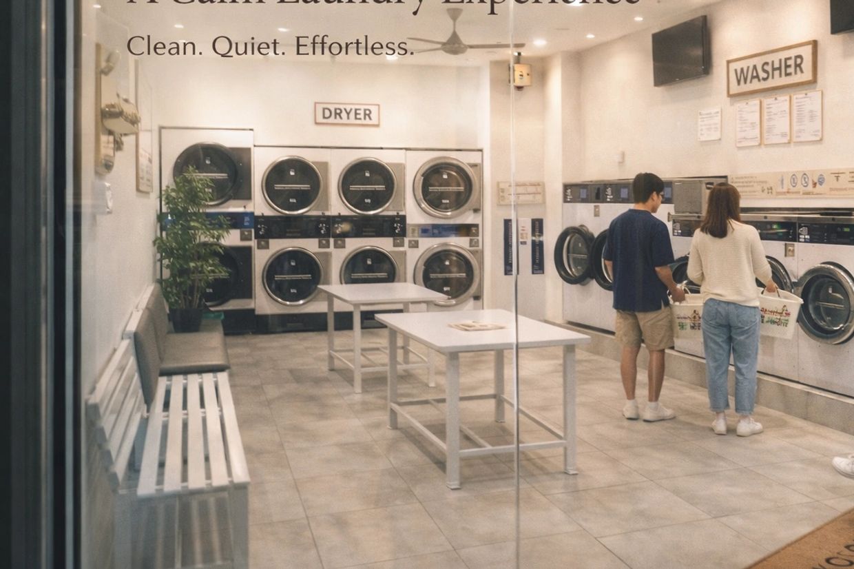 A calm and modern self-service laundromat experience , designed for comfort and convenience.
