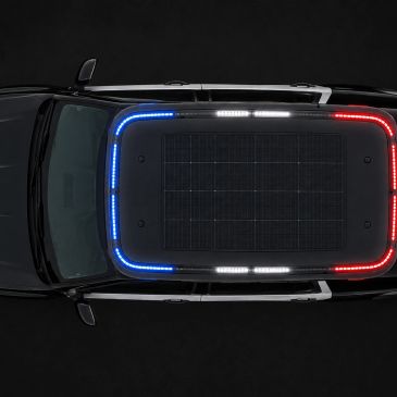 Top view of a car with colored lights and solar panel roof.